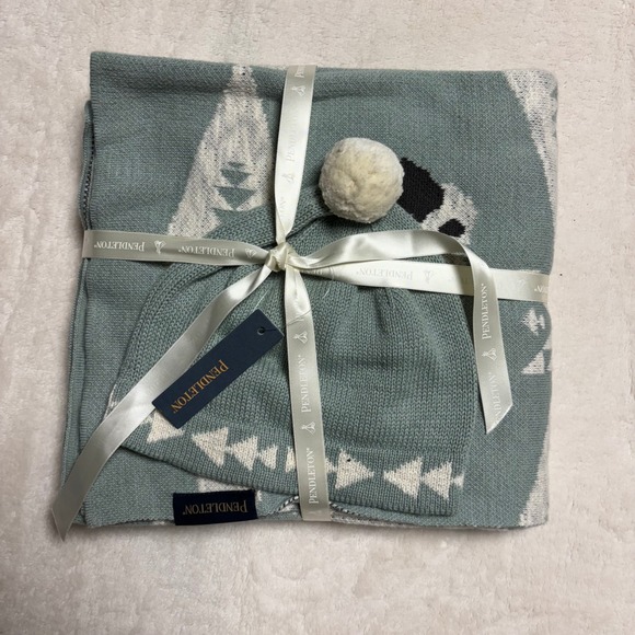 NWT Pendleton Knit Baby Blanket with Beanie Set Organic Cotton Sheep Dream Blue - Picture 2 of 9